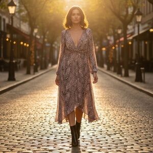 Vintage GUESS Maxi Dress 8 Y2K Asymmetrical Deep V Long Sleeve Pleated Animal